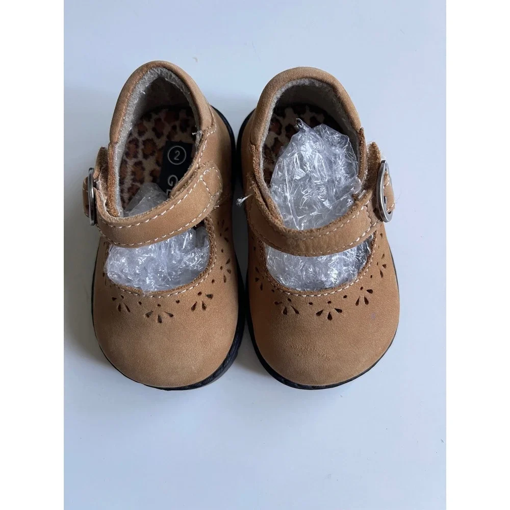 George Regan Tan Leather Mary Jane Shoe Toddler Girls Size2 Leopard Print Lining